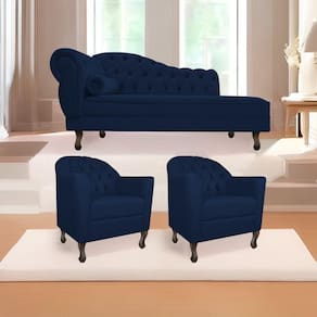 Kit Diva Recamier Diana 130cm Lado Direito e 02 Poltronas Julia Suede Azul Marinho