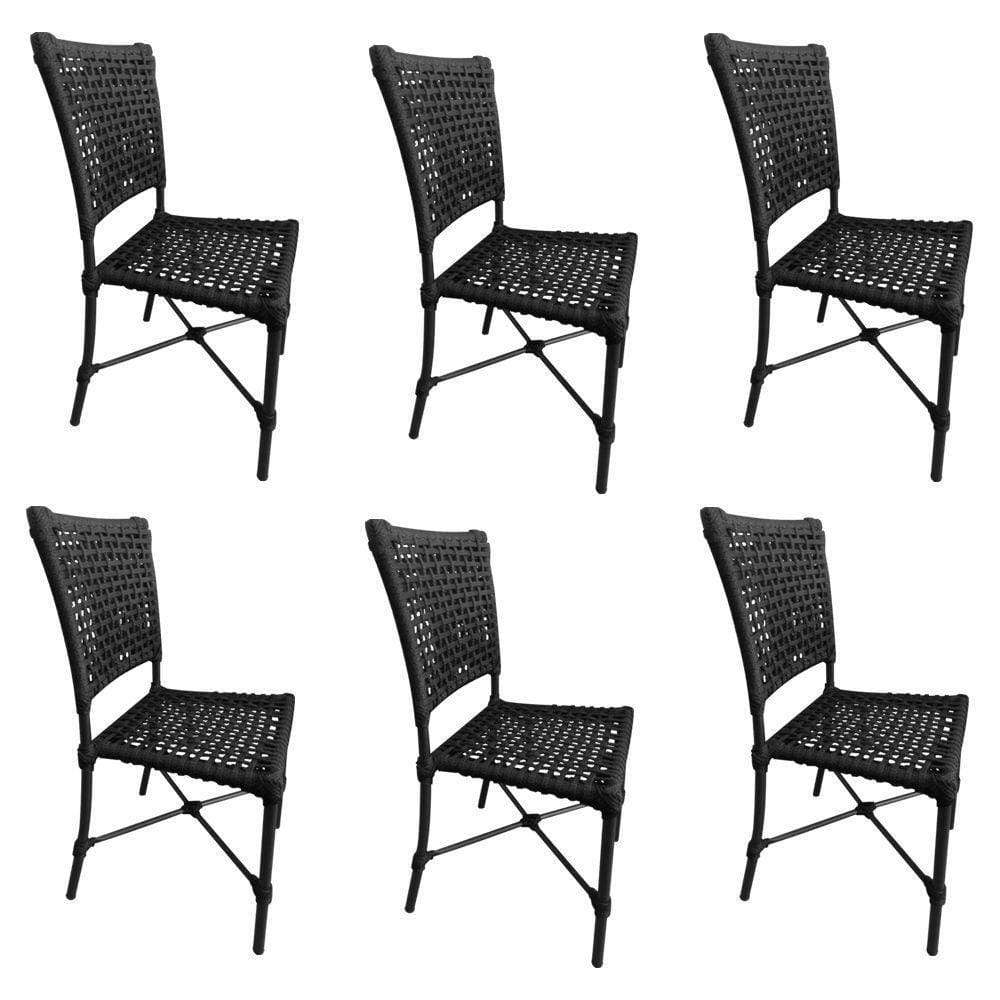Kit 6 Cadeiras Roma Corda Náutica Base Em Alumínio Preto-preto - Cor: Preto