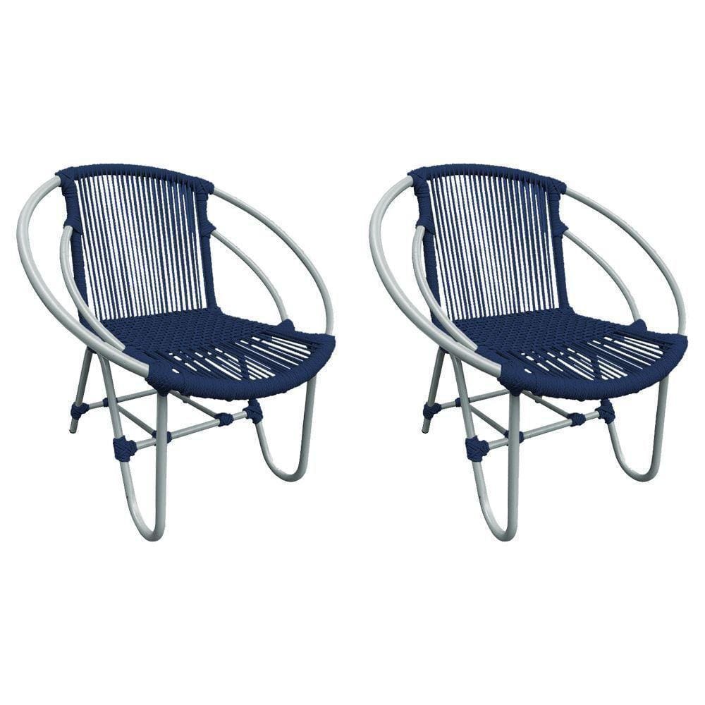 Kit 2 Cadeiras Decorativa Julia Em Corda Náutica E Base Em Alumínio Cinza- Azul Marinho - Cor: Azul
