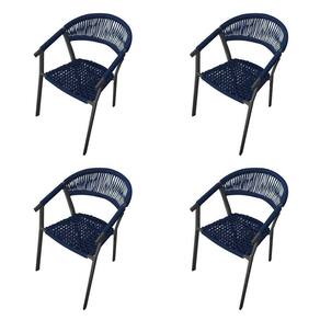 Kit 4 Cadeiras Decorativa Joana Em Corda Náutica E Base Em Alumínio Preta -azul Marinho - Cor: Azul