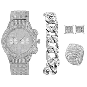 Conjunto de joias de hip hop com pulseira, brincos e anel de corrente cubana - prata
