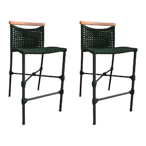 Kit 2 Banquetas Em Corda Náutica Base Em Alumínio Preta Com Detalhe Em Madeira Verde Musgo Verde