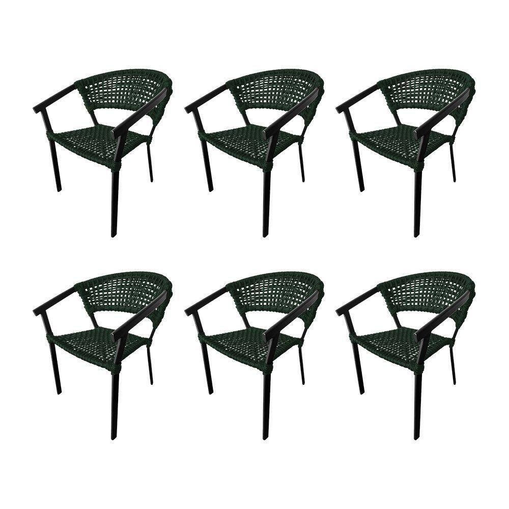 Kit 6 Cadeiras Sofia Corda Náutica Base Em Alumínio Preto-verde Musgo - Cor: Verde