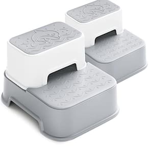 Banquinho para crianças, para treinamento, antiderrapante, com dois degraus, cinza