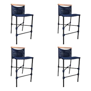 Kit 4 Banquetas Em Corda Náutica Base Em Alumínio Preta Com Detalhe Em Madeira Azul Marinho Azul