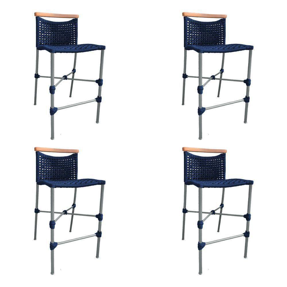 Kit 4 Banquetas Em Corda Náutica Base Em Alumínio Cinza Com Detalhe Em Madeira Azul Marinho Azul