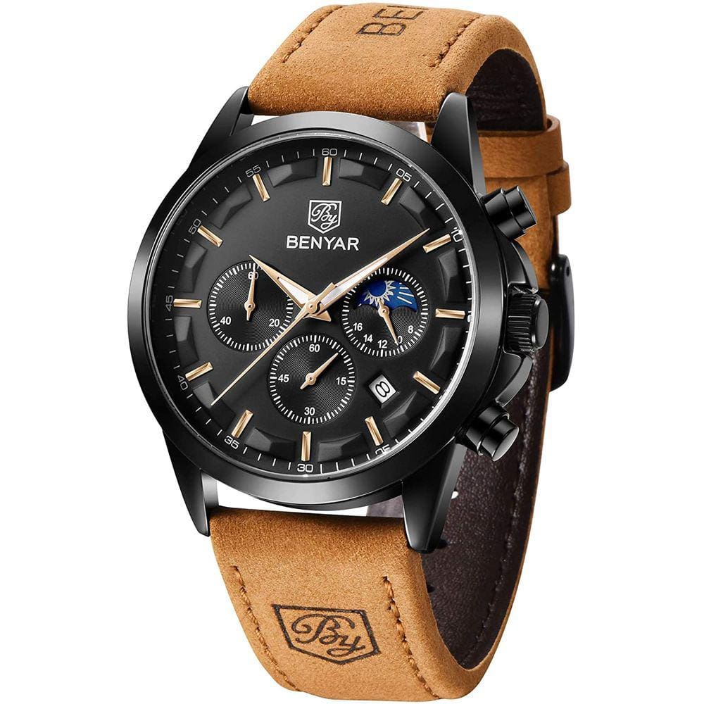 Relógio de pulso masculino, pulseira de couro, movimento de quartzo, cronógrafo analógico, impermeável