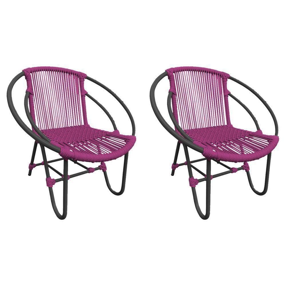 Kit 2 Cadeiras Decorativa Julia Em Corda Náutica E Base Em Alumínio Preta- Rosa - Cor: Rosa