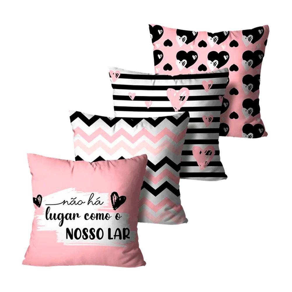Kit 4 Capas de Almofadas Decorativas Rosa e Preto - 45x45cm