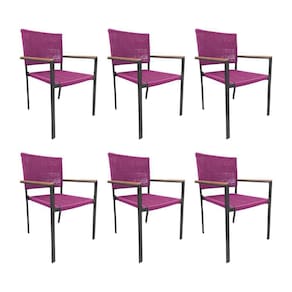 Kit 6 Cadeiras Piracicaba Corda Náutica Braço Com Detalhe Em Madeira Base Alumínio Preto-rosa Rosa