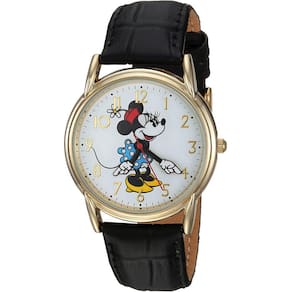 Relógio Minnie Mouse, pulseira de couro preta de 18 cm
