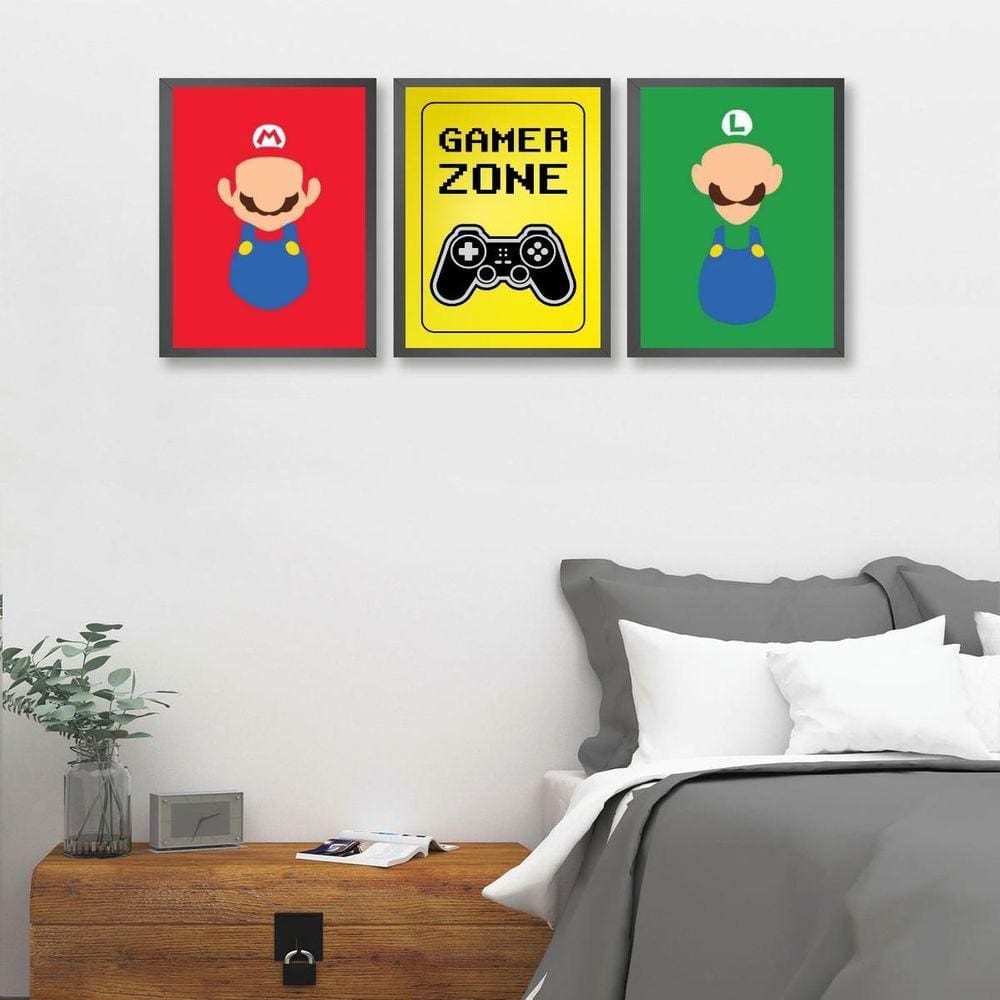 Kit 3 Quadros Gamer Zone 24x18cm - Vidro e Moldura Preta