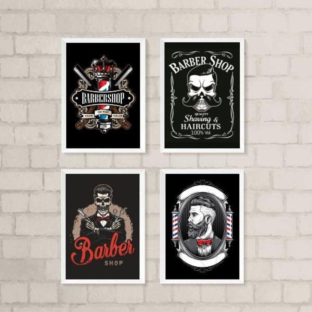 Kit 4 Quadros Barbearia 33x24cm - Madeira Branca+Vidro