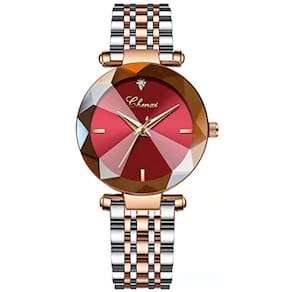 Relógio de quartzo feminino de luxo com diamante em aço inoxidável vermelho