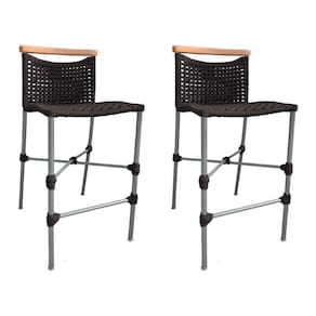 Kit 2 Banquetas Em Corda Náutica Base Em Alumínio Cinza Com Detalhe Em Madeira Marrom Marrom
