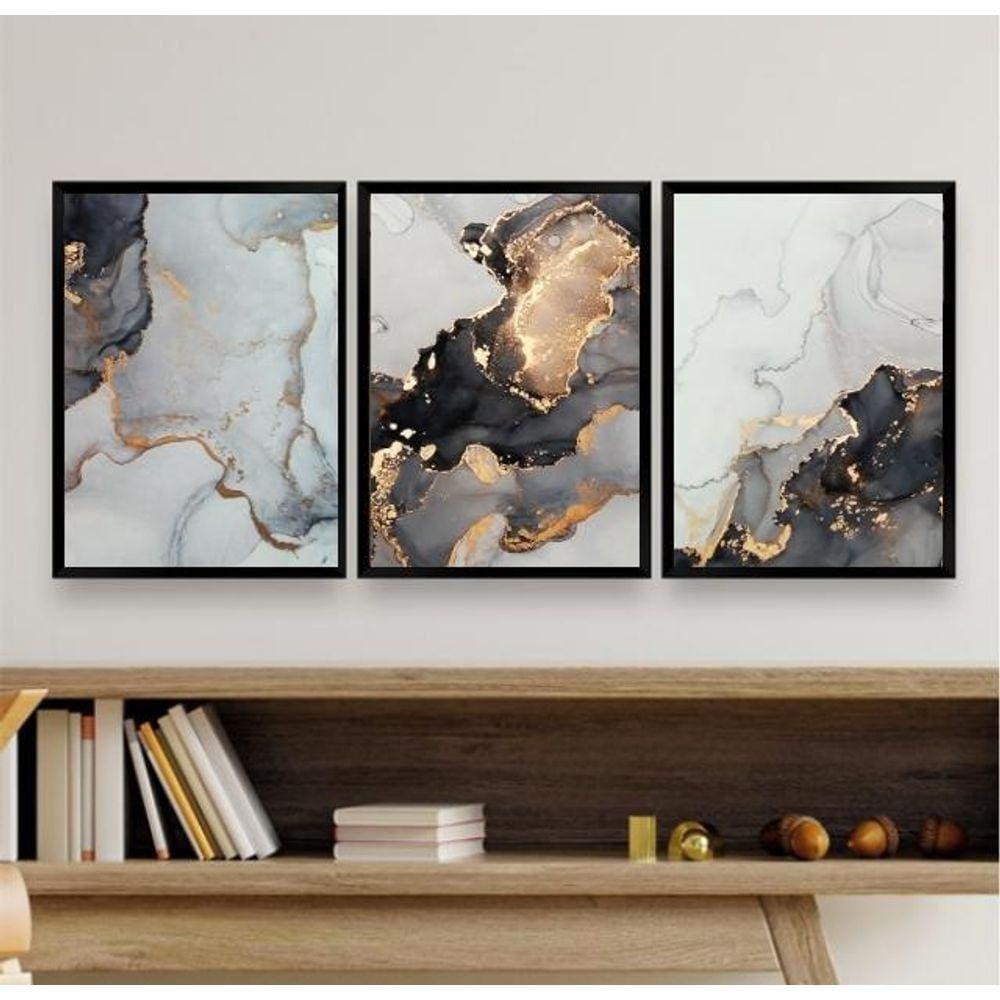 Kit 3 Quadros Abstratos Aquarela Mármore 33x24cm com Vidro