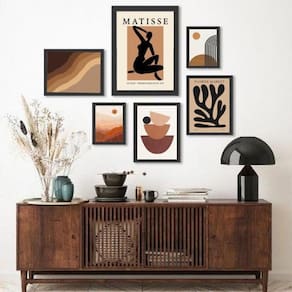 Kit 6 Quadros Minimalistas Marrom/Preto - Moldura de Madeira