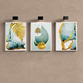 Kit 3 Quadros Folha Dourada 33x24cm - Vidro e Moldura Preta