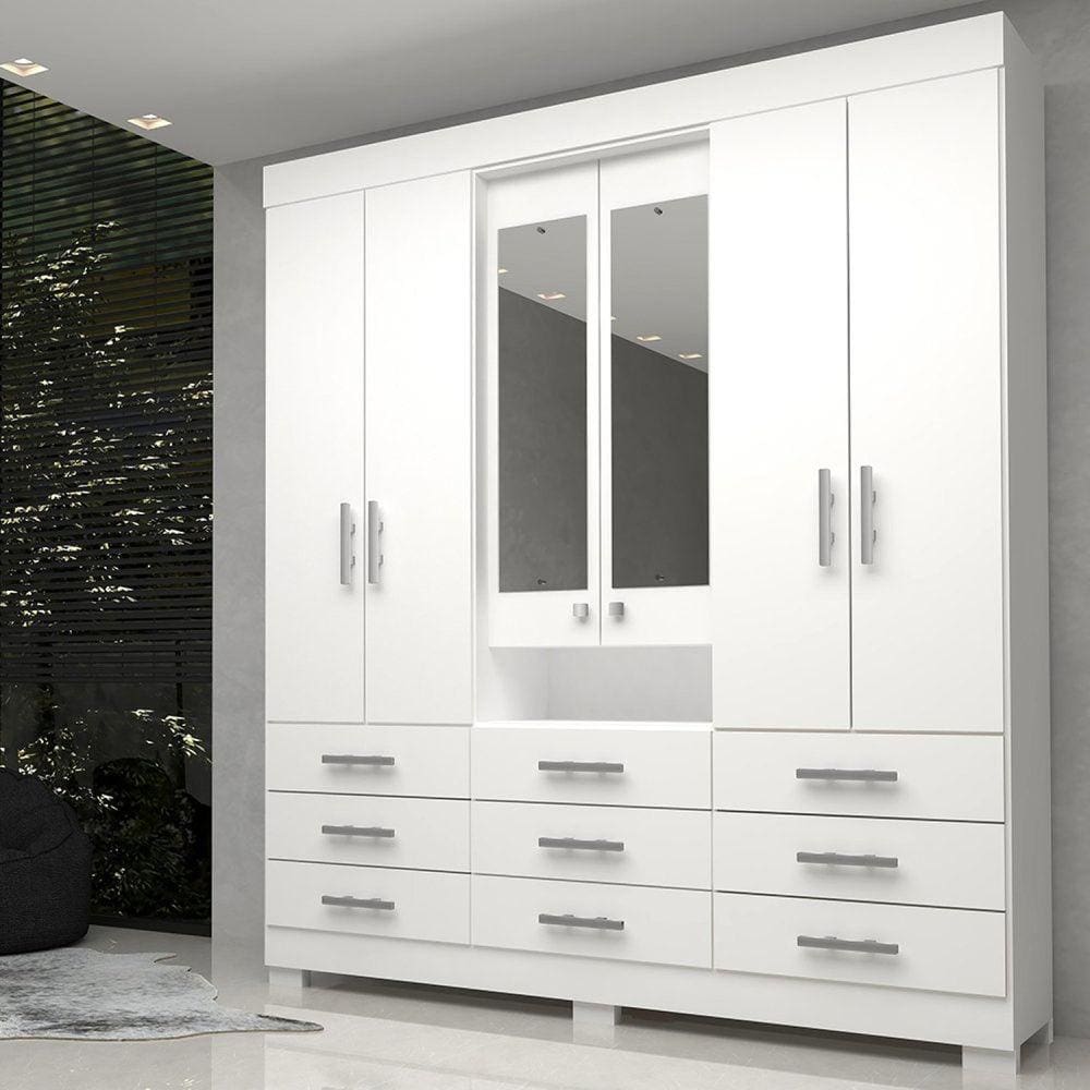 imagem-Guarda Roupa Casal 6 Portas 9 Gavetas Capelinha com Espelho 100% MDF Débora ACP Móveis Branco