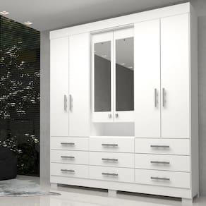 Guarda Roupa Casal 6 Portas 9 Gavetas Capelinha com Espelho 100% MDF Débora ACP Móveis Branco