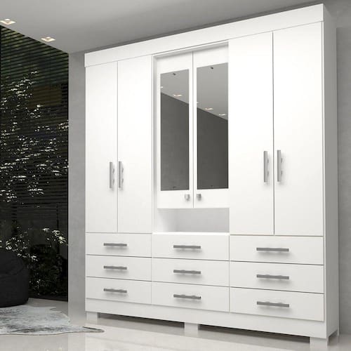 imagem-Guarda Roupa Casal 6 Portas 9 Gavetas Capelinha com Espelho 100% MDF Débora ACP Móveis Branco