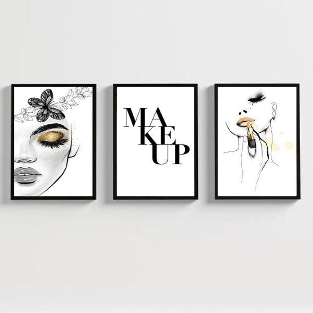 Kit 3 Quadros Decorativos Maquiagem 33x24cm - Moldura Branca