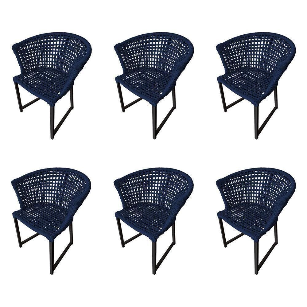 Kit 6 Cadeiras Salinas Corda Náutica Base Em Alumínio Preto-azul Marinho - Cor: Azul
