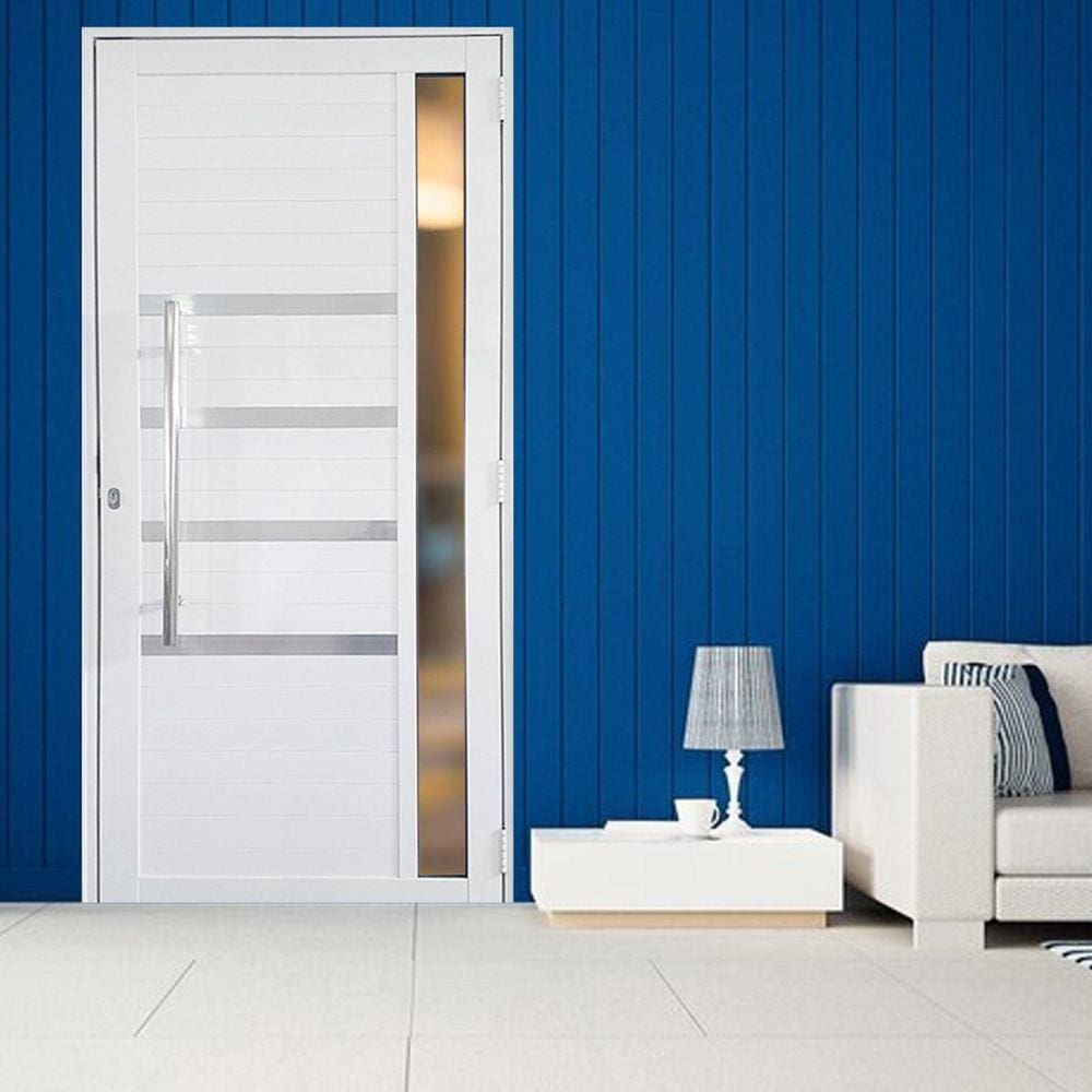 Porta Lambril de Alumínio 210 x 80cm com Friso e Visor Linha 30 Lado Esquerdo Esquadrias Bergame Branco