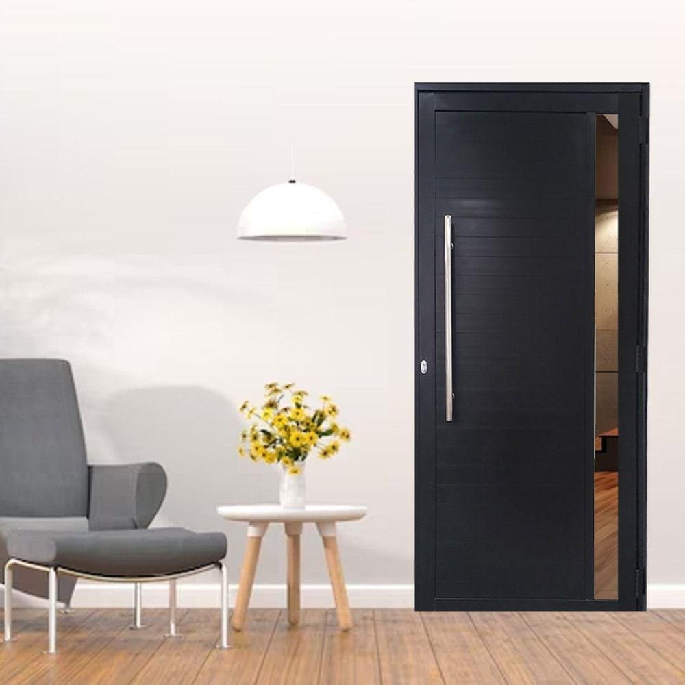 Porta Lambril de Alumínio 210 x 90cm com Puxador e Visor Linha 30 Lado Direito Preto