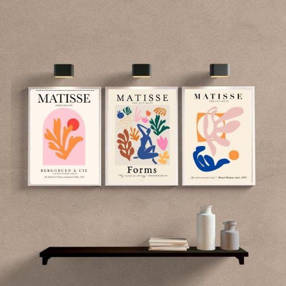 Kit 3 Quadros Abstratos Matisse 45x34cm Moldura Branca