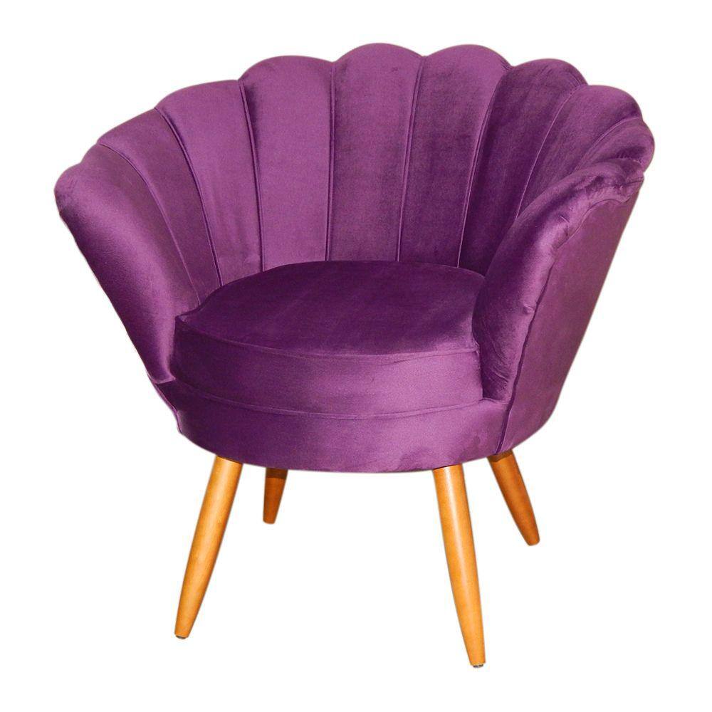 Poltrona Decorativa Pétala Veludo Roxo Pés Madeira Ms Decor