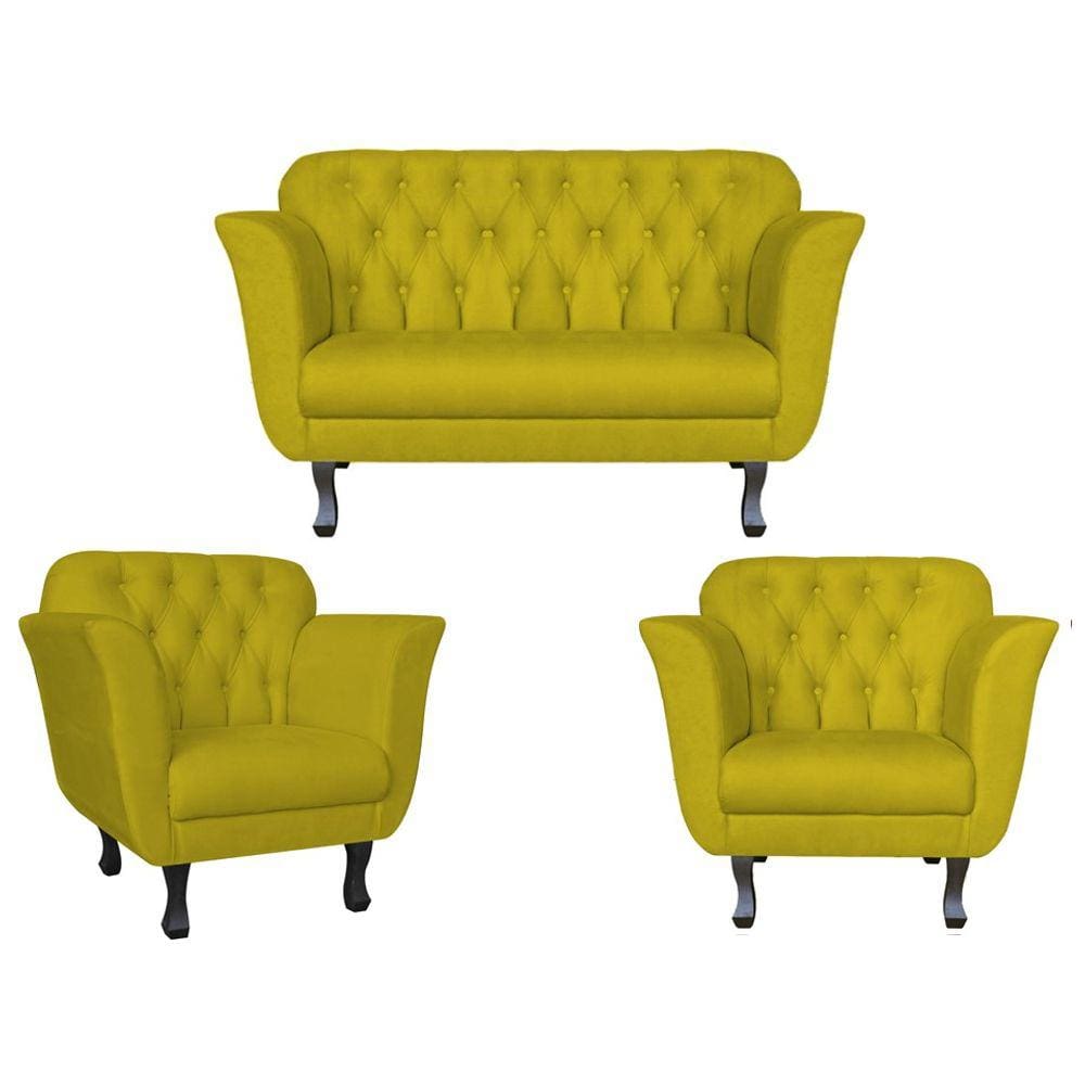 Kit Namoradeira + 2 Poltronas Decorativa Dália Suede Amarelo Pés Madeira Ms Decor
