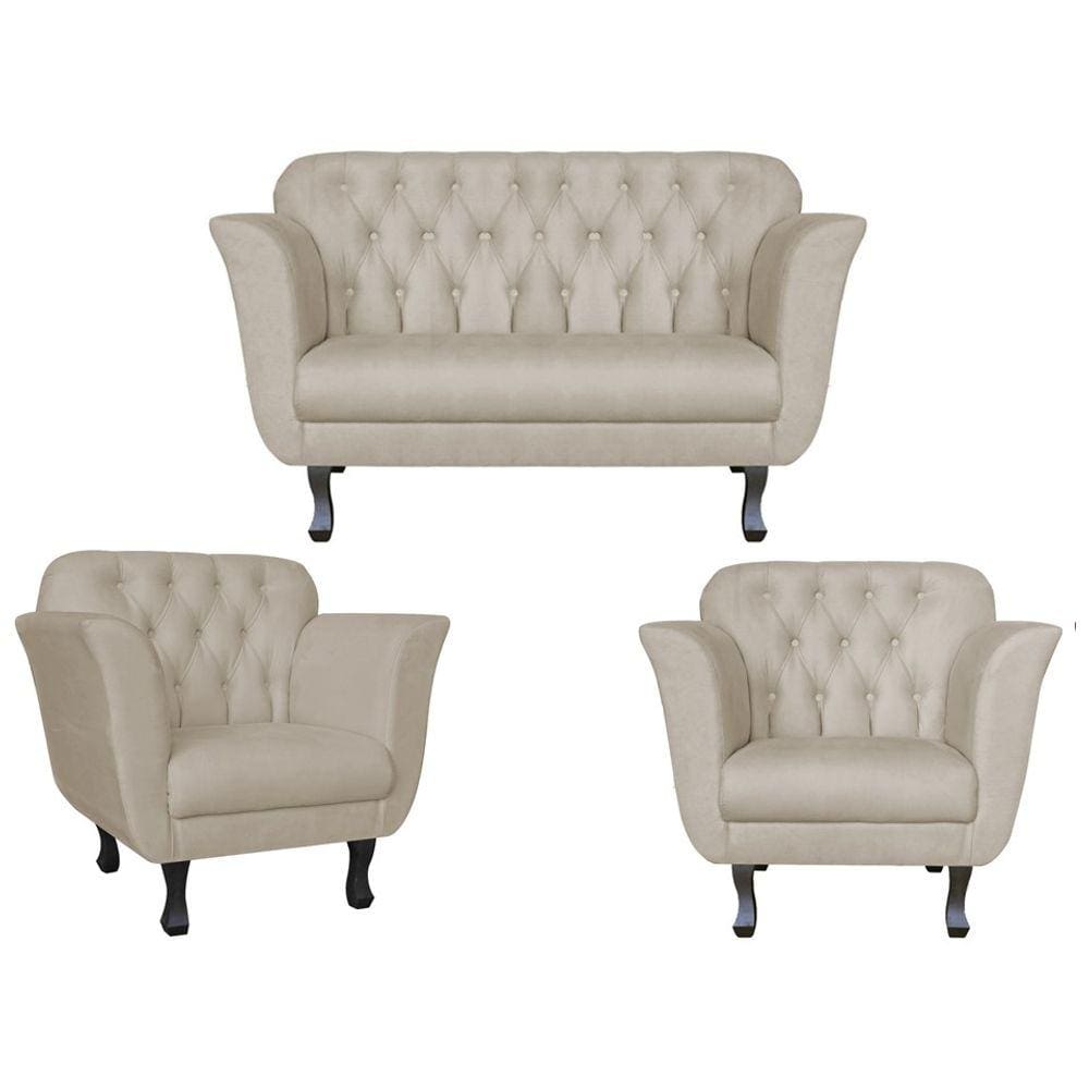 Kit Namoradeira + 2 Poltronas Decorativa Dália Suede Bege Pés Madeira Ms Decor
