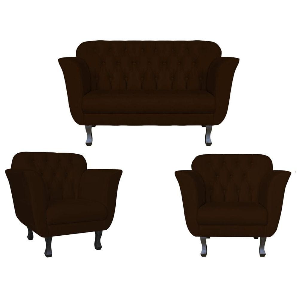 Kit Namoradeira + 2 Poltronas Decorativa Dália Suede Marrom Pés Madeira Ms Decor