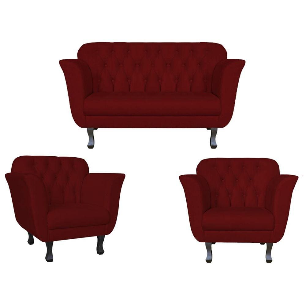 Kit Namoradeira + 2 Poltronas Decorativa Dália Suede Marsala Pés Madeira Ms Decor