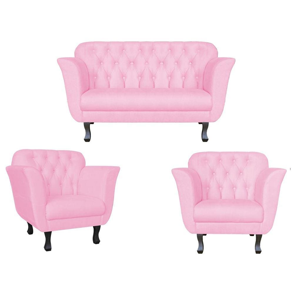 Kit Namoradeira + 2 Poltronas Decorativa Dália Suede Rosa Bebê Pés Madeira Ms Decor