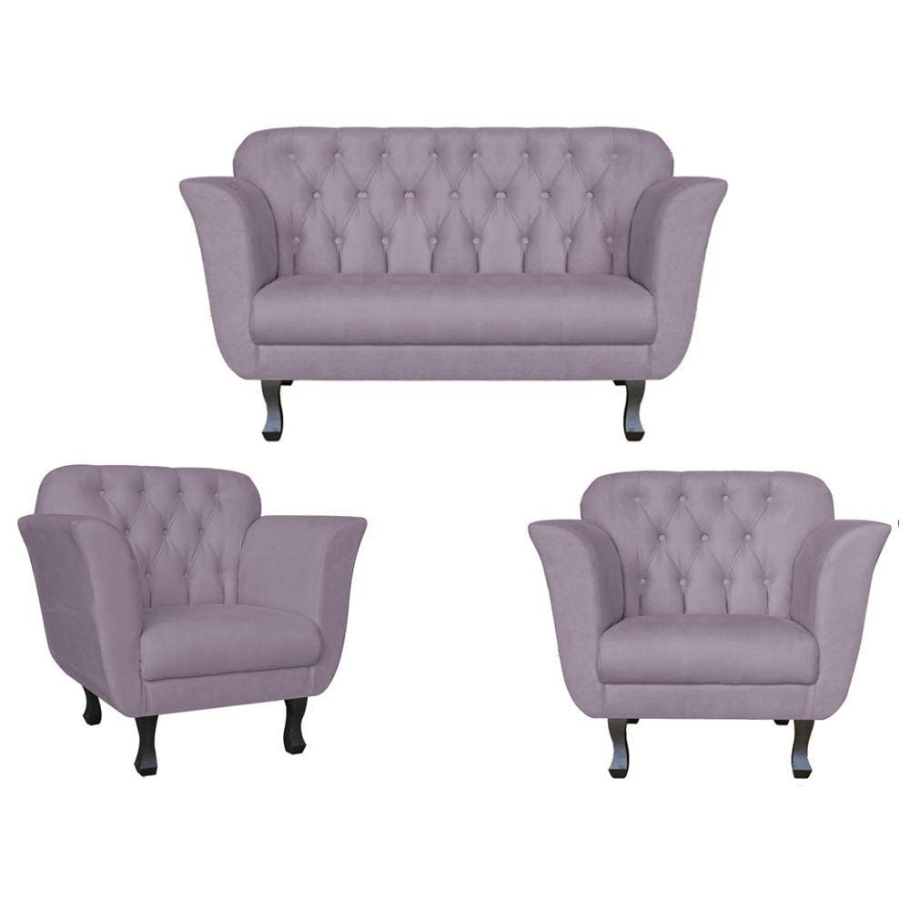 Kit Namoradeira + 2 Poltronas Decorativa Dália Suede Rosê Pés Madeira Ms Decor