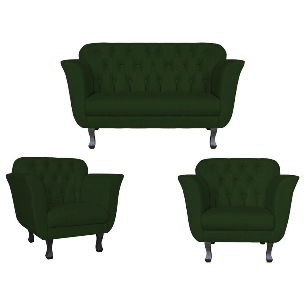 Kit Namoradeira + 2 Poltronas Decorativa Dália Suede Verde Pés Madeira Ms Decor
