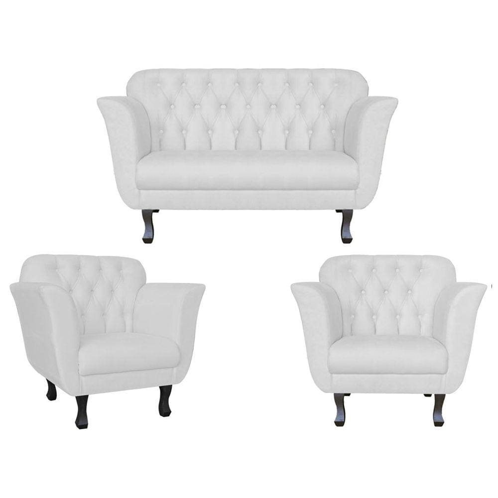 Kit Namoradeira + 2 Poltronas Decorativa Dália Couro Branco Pés Madeira Ms Decor