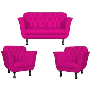 Kit Namoradeira + 2 Poltronas Decorativa Dália Couro Rosa Pink Pés Madeira Ms Decor
