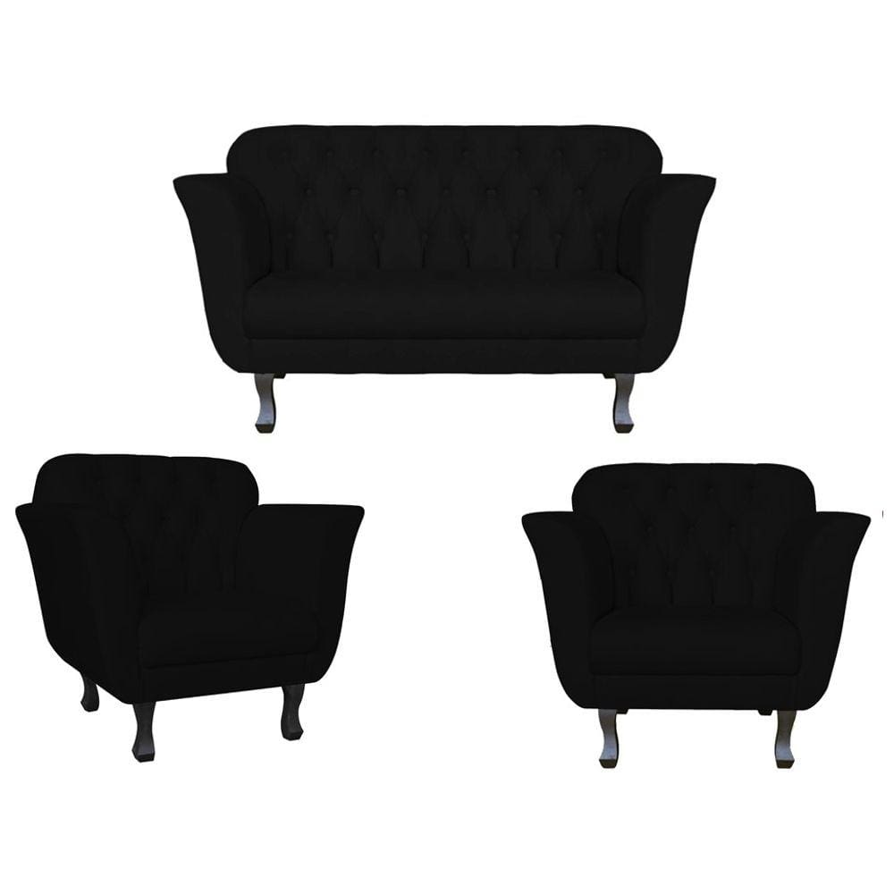 Kit Namoradeira + 2 Poltronas Decorativa Dália Couro Preto Pés Madeira Ms Decor