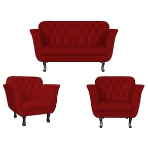 Kit Namoradeira + 2 Poltronas Decorativa Dália Couro Vermelho Pés Madeira Ms Decor