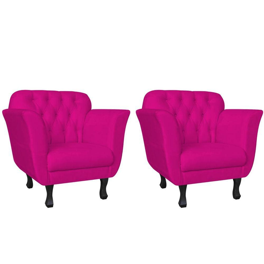 Kit 2 Poltronas Decorativa Dália Couro Rosa Pink Pés Madeira Ms Decor