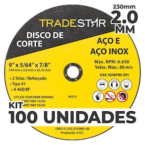 Kit c/ 100 Disco de Corte Metal 9" 230x2,0 mm Furo 22/23 mm