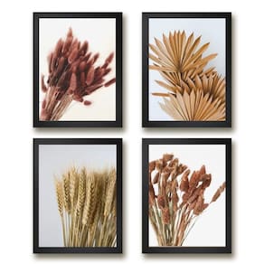 Kit 4 quadros folhas e flores secas 24x18cm - Madeira Preta