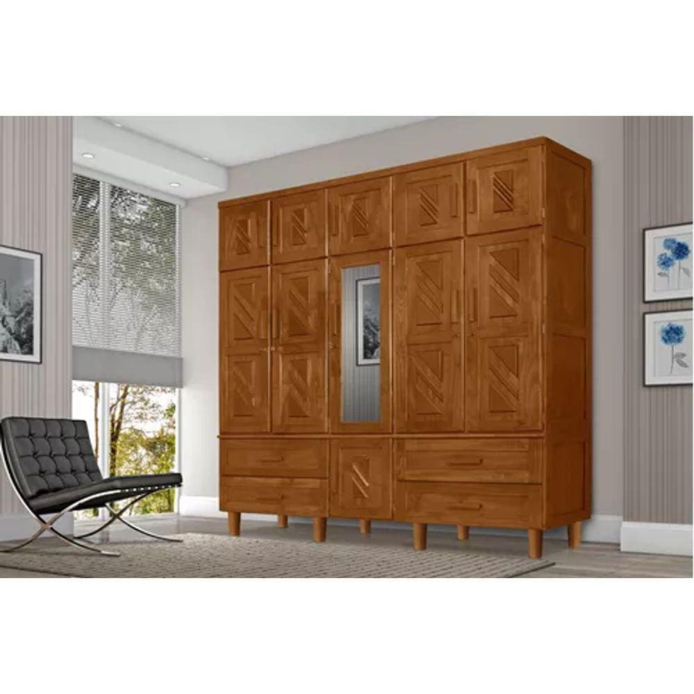 Roupeiro Casal Chicago 11 Portas 4 Gavetas C/Espelho - Rustico -Castanho -Chicago