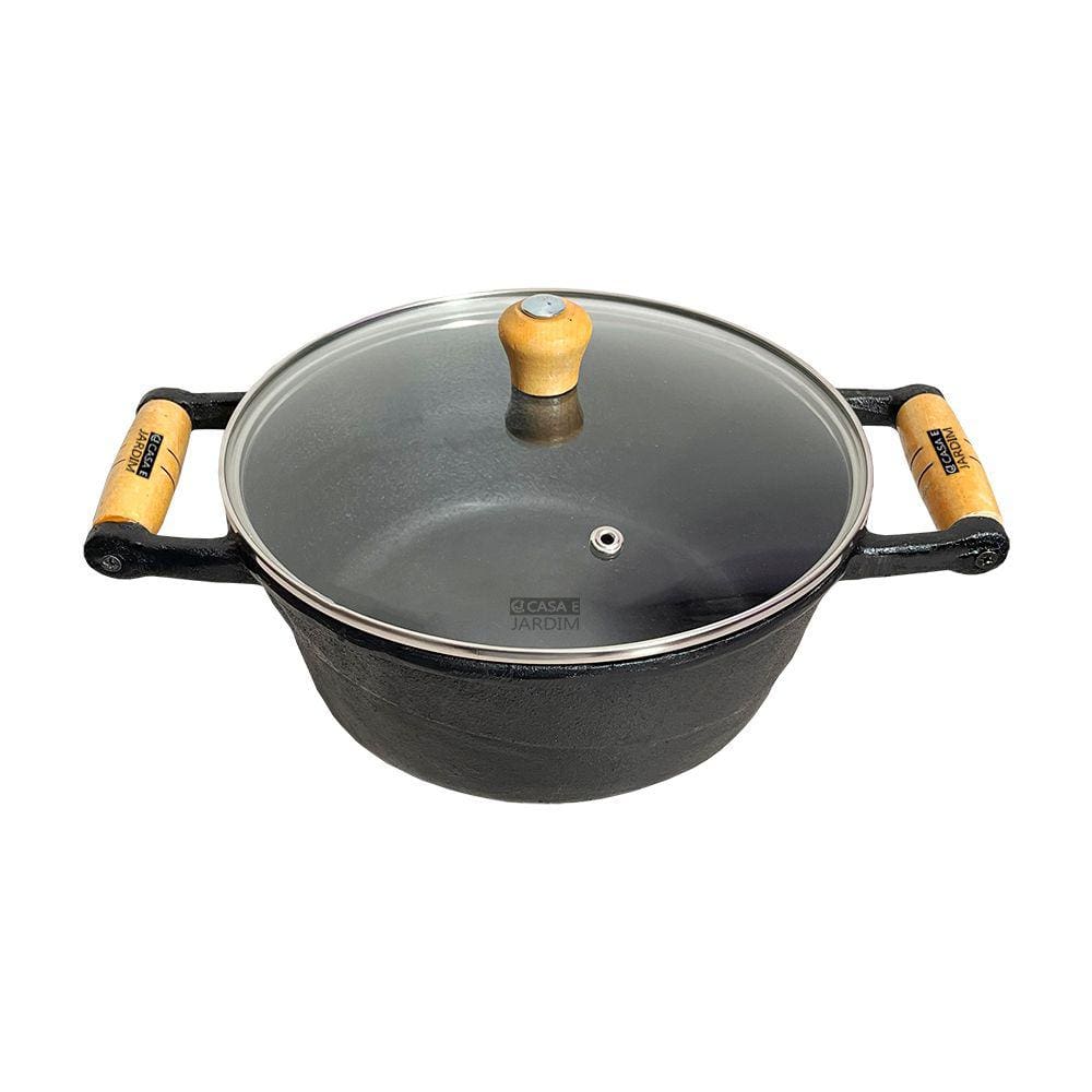 Panela Caçarola De Ferro Alça de Madeira C/ Tampa Vidro 20cm