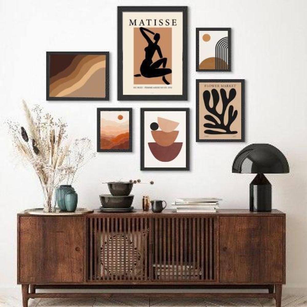 Kit 6 Quadros Minimalistas Marrom e Preto - com Vidro