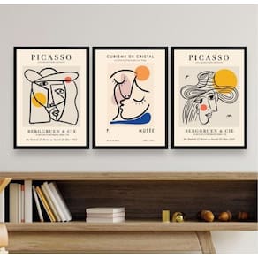Kit 3 Quadros Cubismo Picasso 45x34cm - Moldura Branca