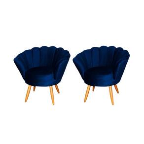 Kit 2 Poltronas Decorativa Pétala Veludo Azul Marinho Pés Madeira Ms Decor